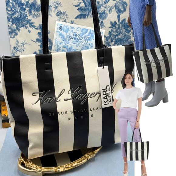🆕 KARL LAGERFELD PARIS 🧿 NWT Hotel Beach Stripe Tote, Black & White - Picture 1 of 15